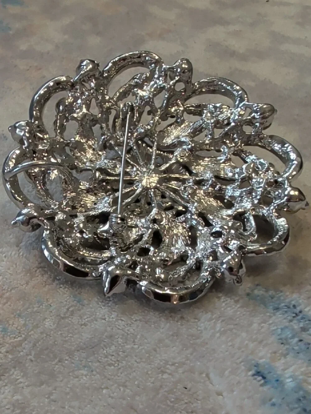 Vintage Silver Crystal Floral Statement Brooch - Aurora Borealis Rhinestones 3